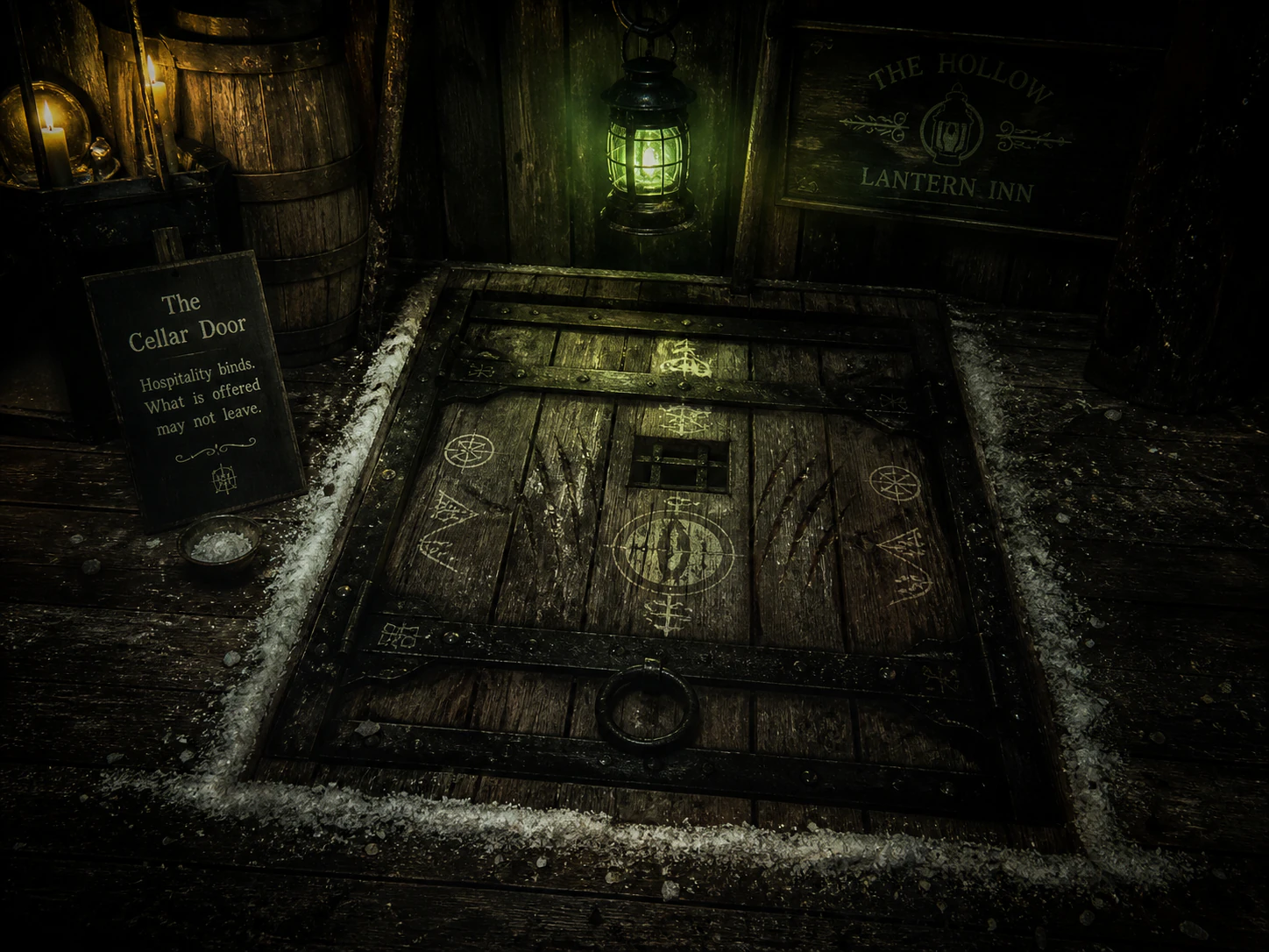 A haunted cellar door lit by a green lantern inside The Hollow Lantern Inn
