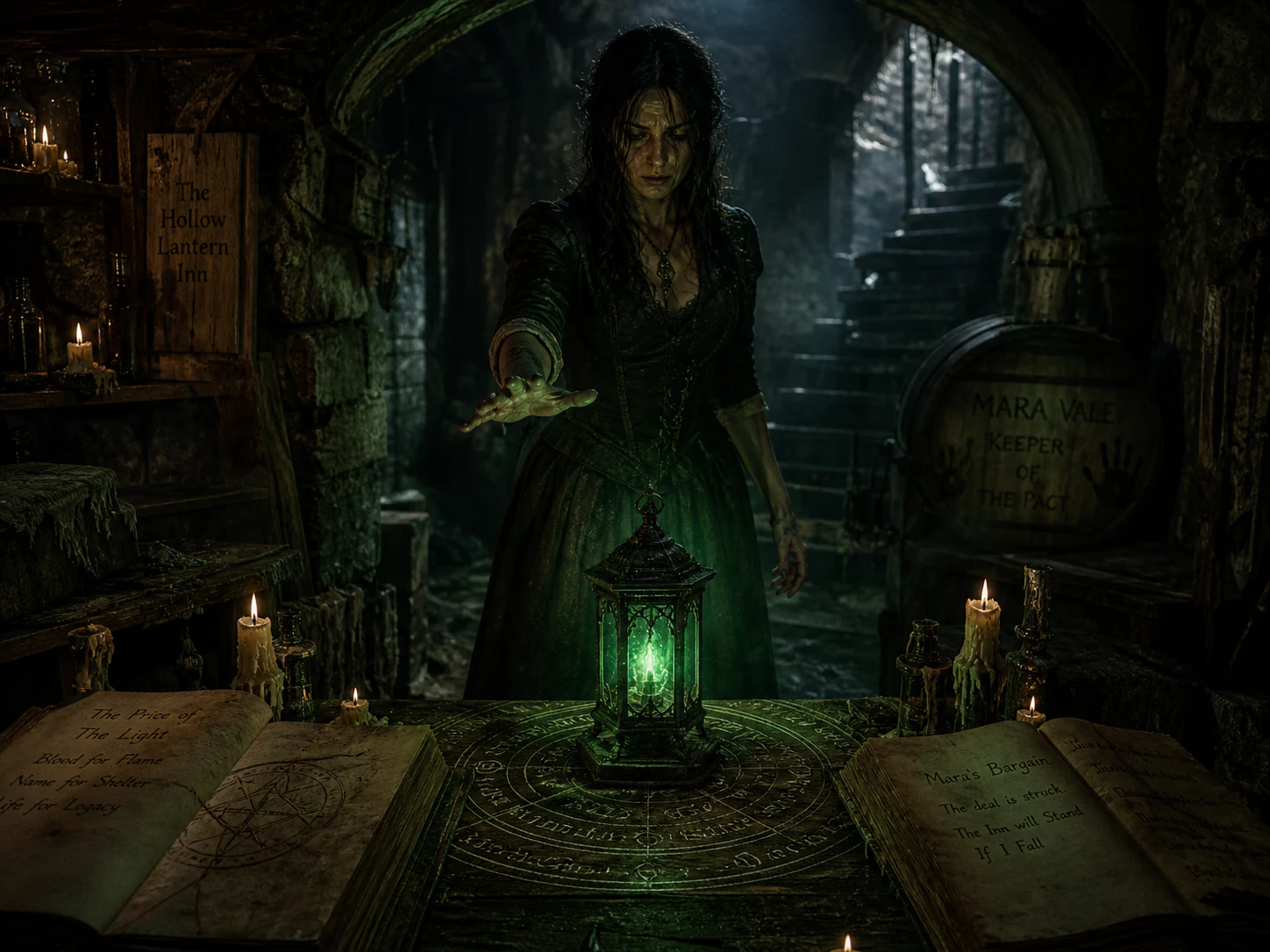 A haunting character portrait from The Hollow Lantern Inn demo campaign.