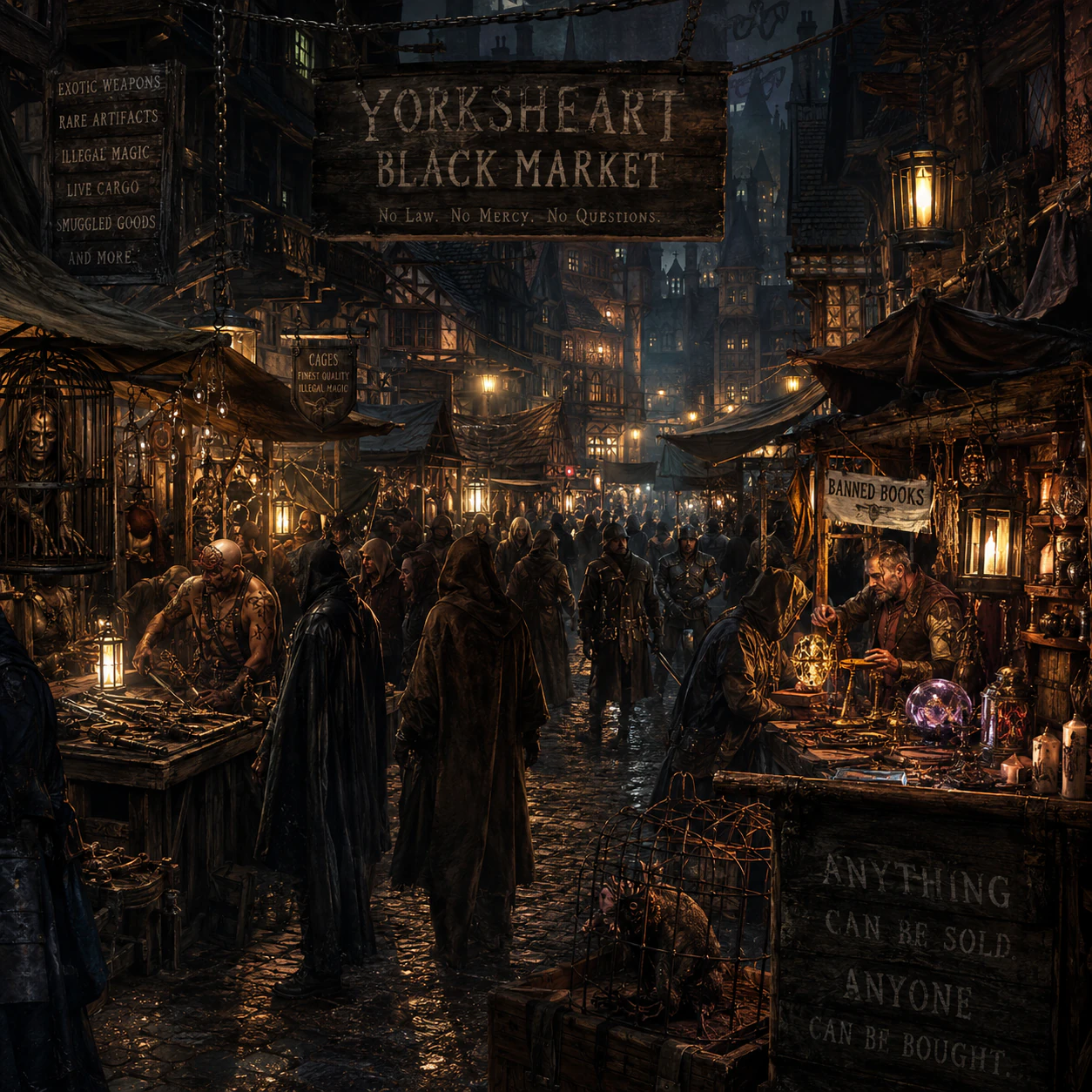 A candlelit fantasy black market street in FableRealms.