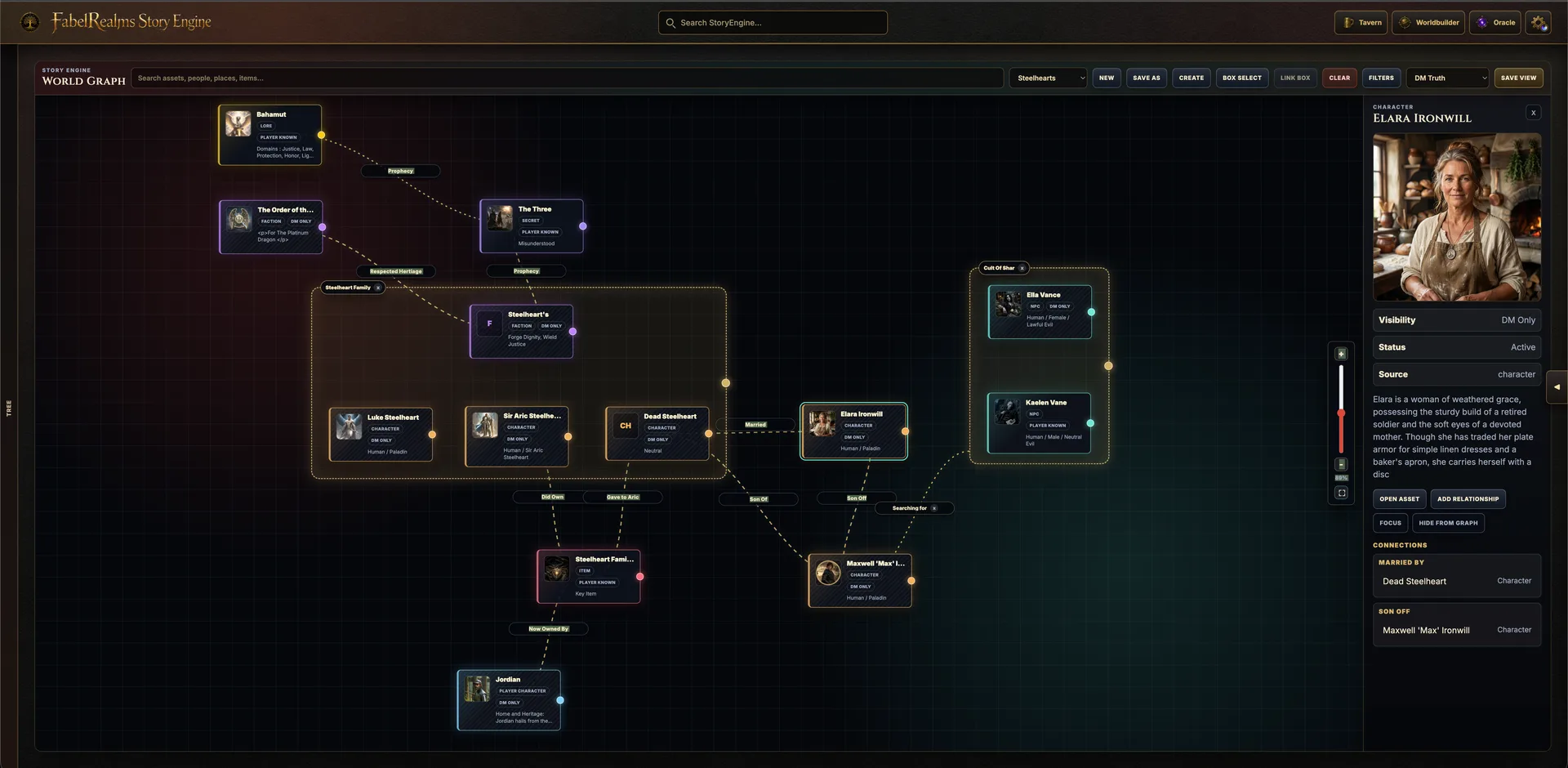 StoryEngine campaign event editor with linked lore and choices.