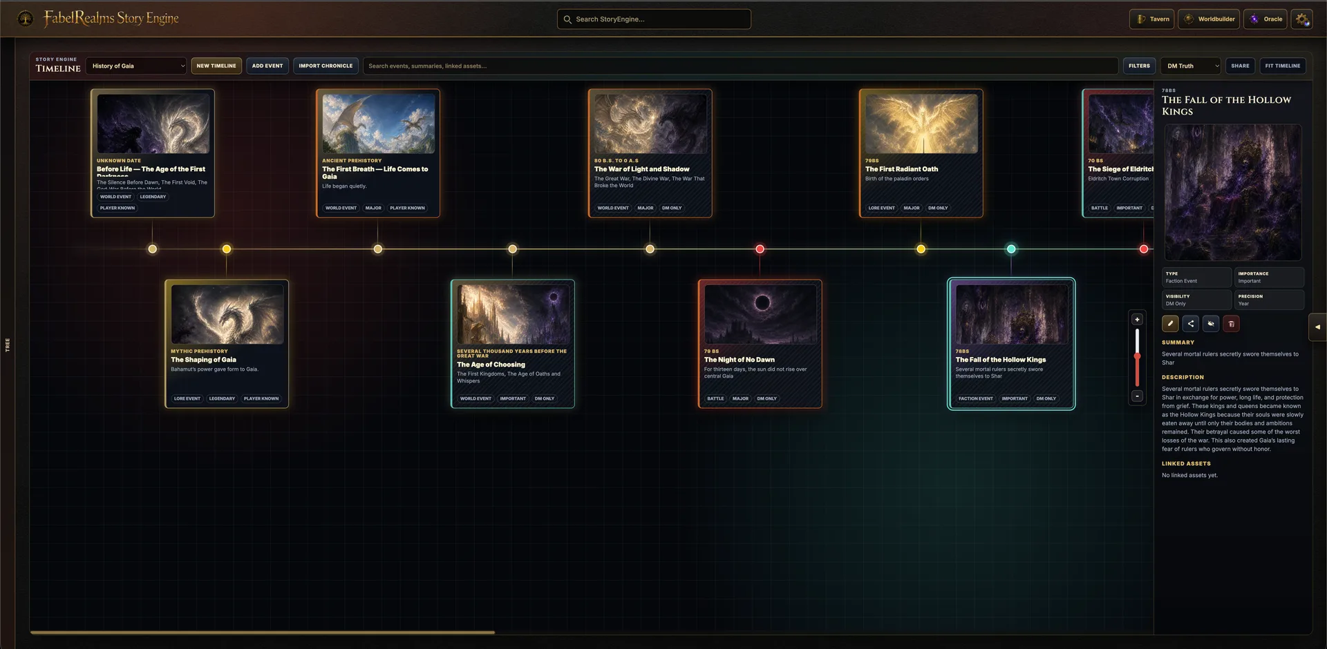 StoryEngine Pro timeline showing campaign events and event details.