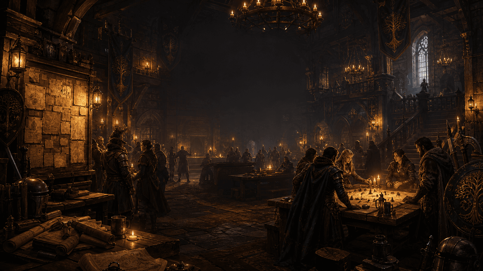 A grand adventurers' guild hall with a contract board, maps, banners and gathered heroes.