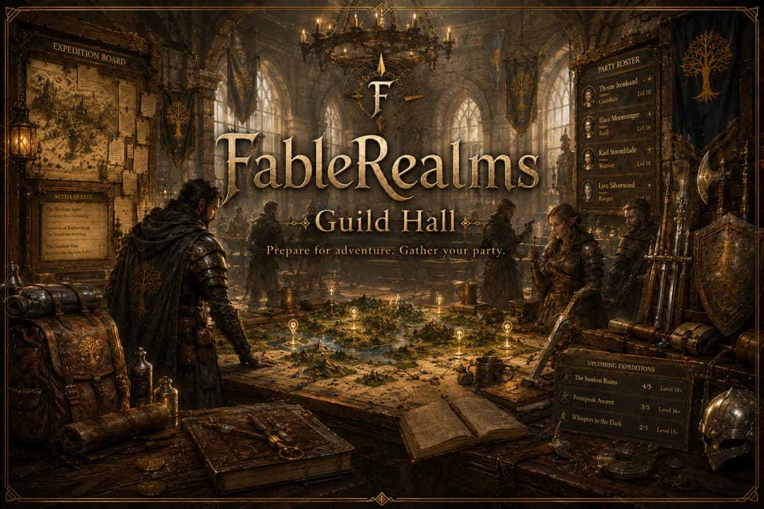 FableRealms Guildhall campaign and party gathering view.