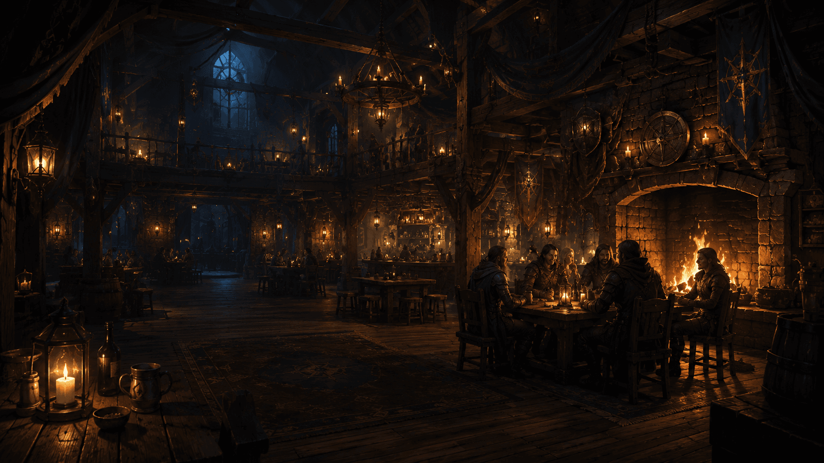 A warm candlelit fantasy tavern where adventurers gather around tables.