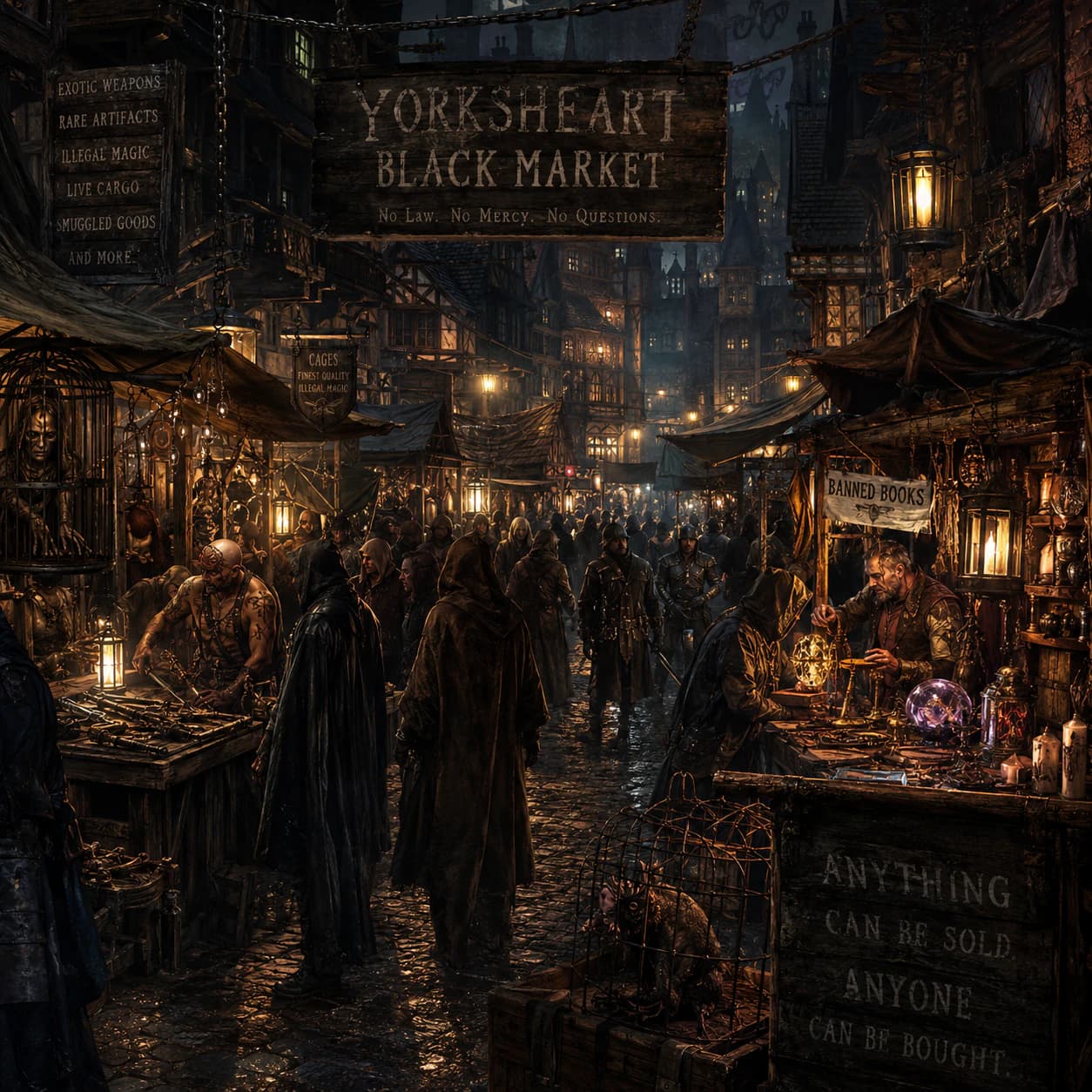 A candlelit fantasy black market street in FableRealms.