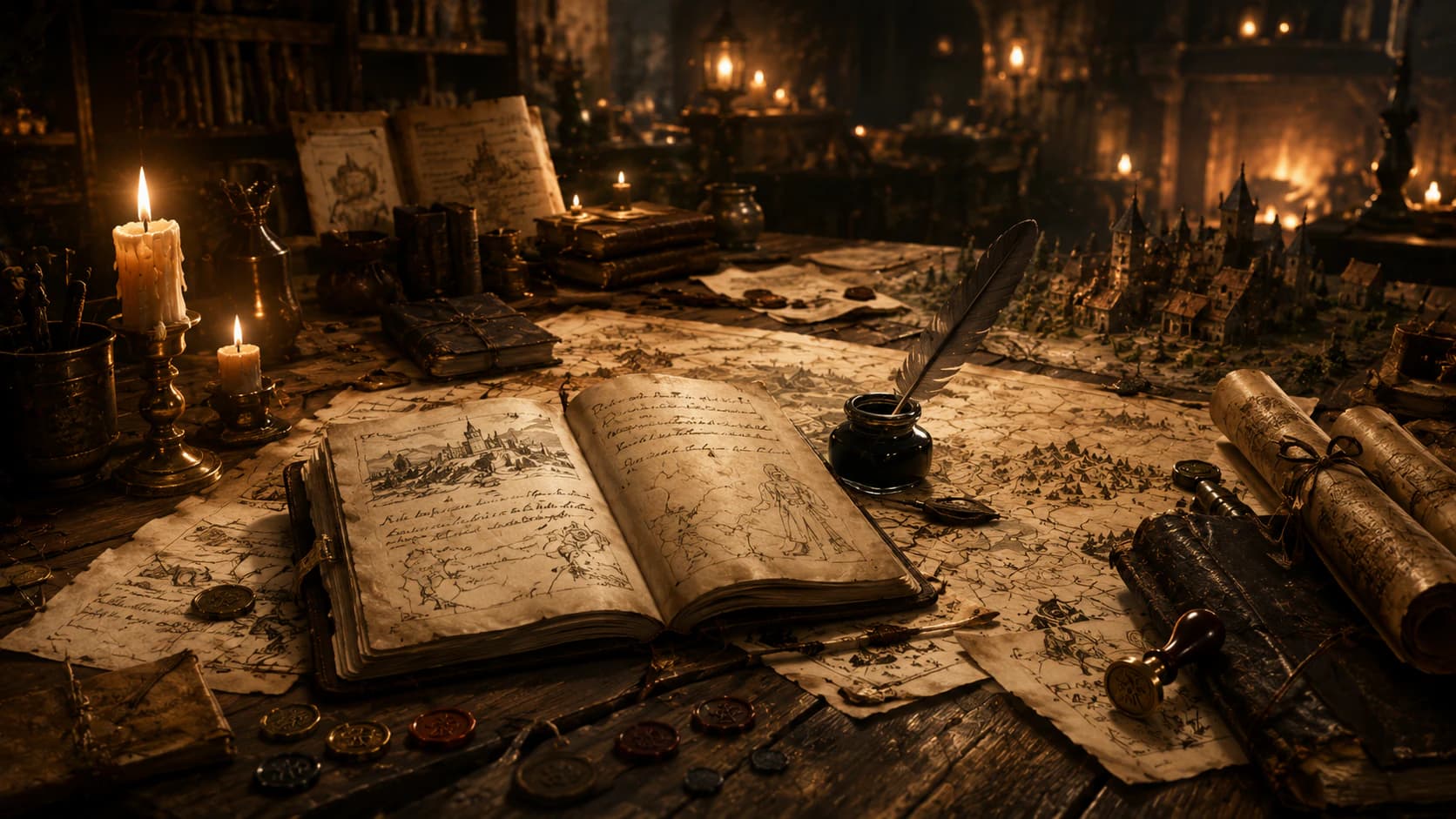 A candlelit campaign-writing desk with books, parchment, maps and notes.