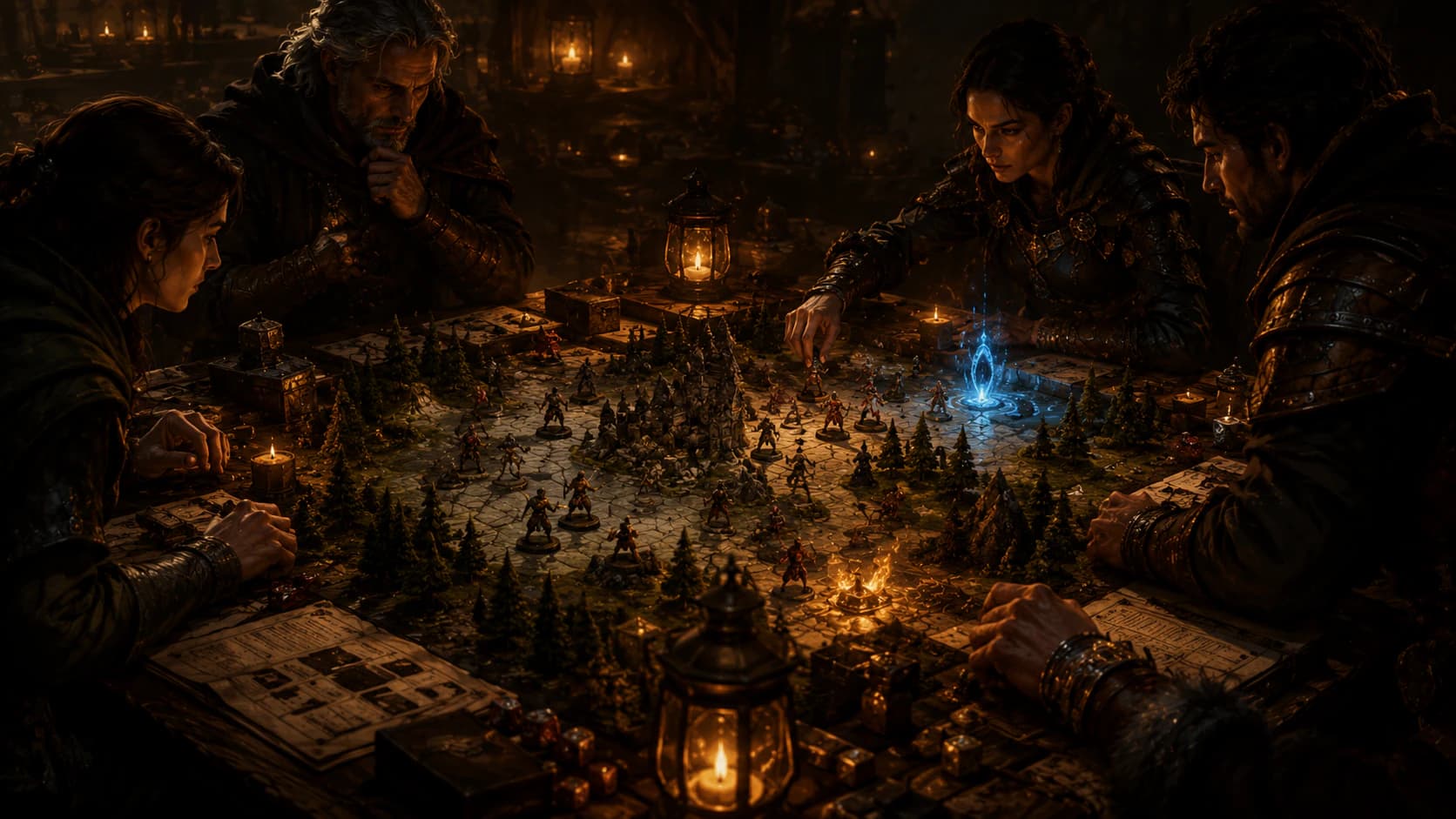 A live fantasy battle map with character tokens, combat tools and cinematic lighting.