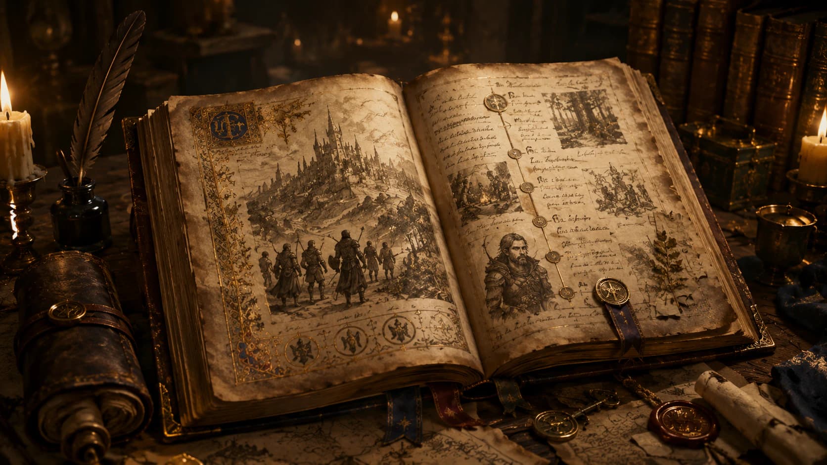 An ancient open book recording campaign history by candlelight.