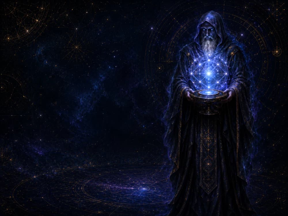 A mystical oracle chamber with a glowing blue orb and arcane charts.