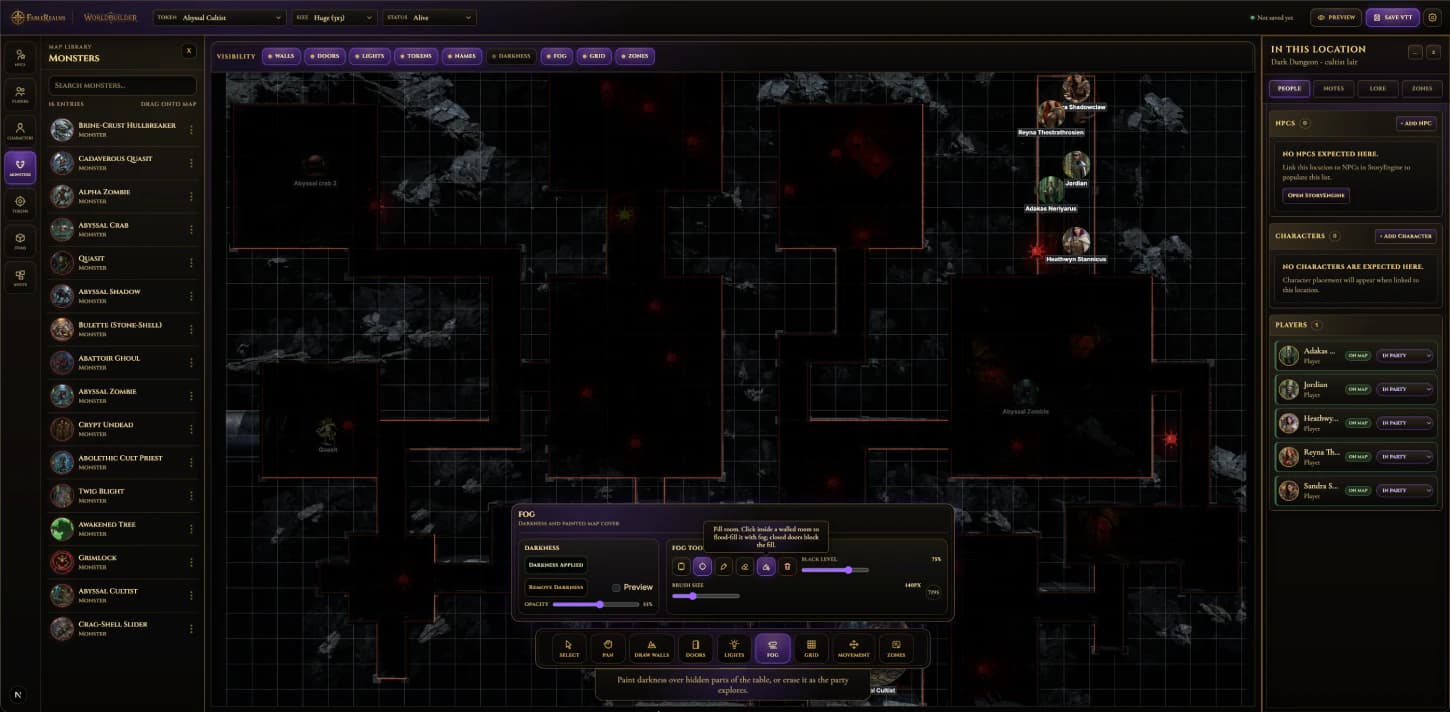 WorldBuilder fog of war and room visibility controls.