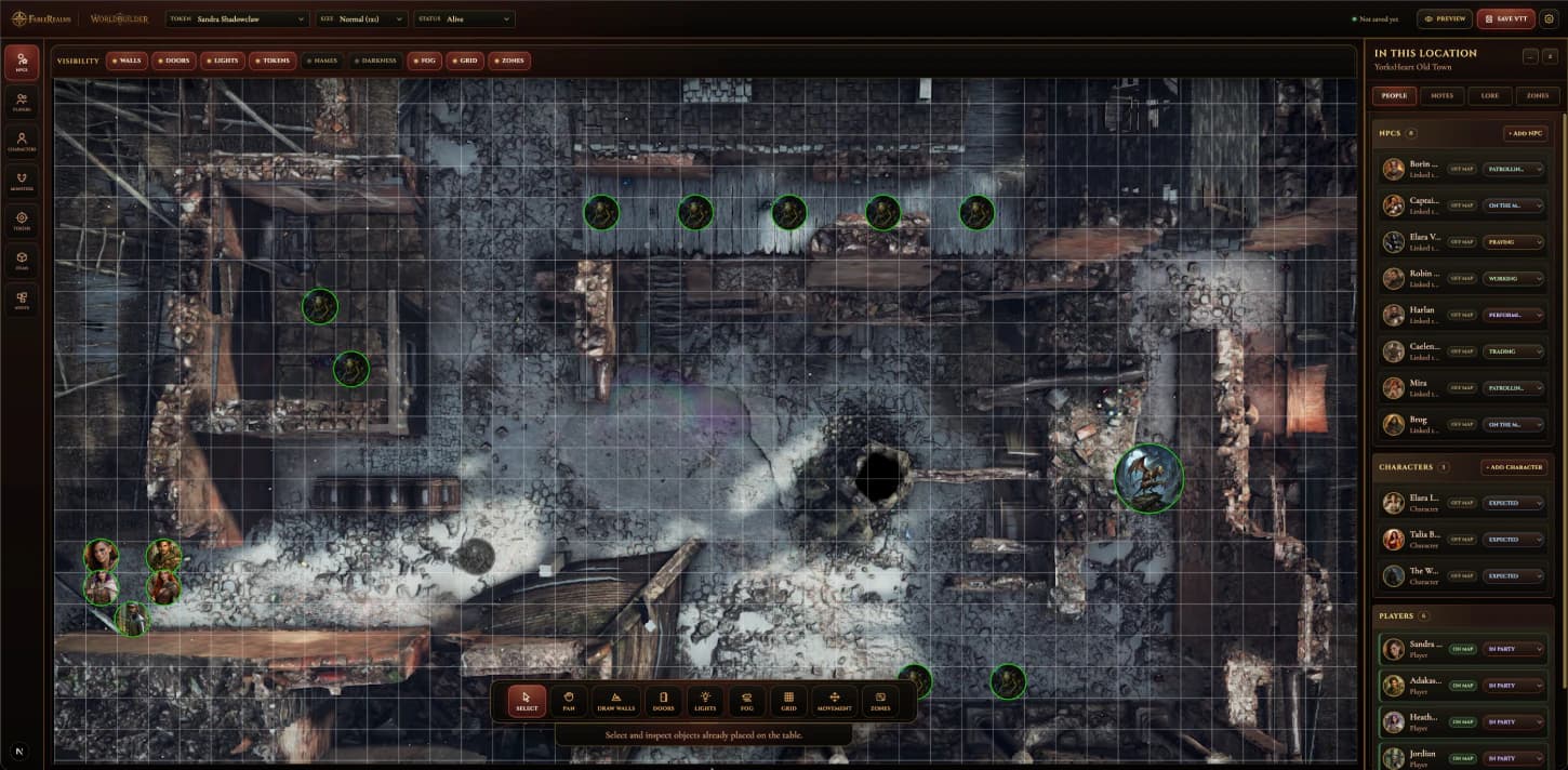 A fantasy scene builder with a top-down map, lighting, tokens and dungeon tools.