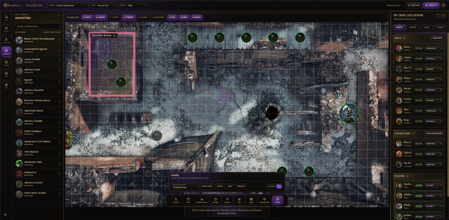 WorldBuilder named zones and scene notes interface.