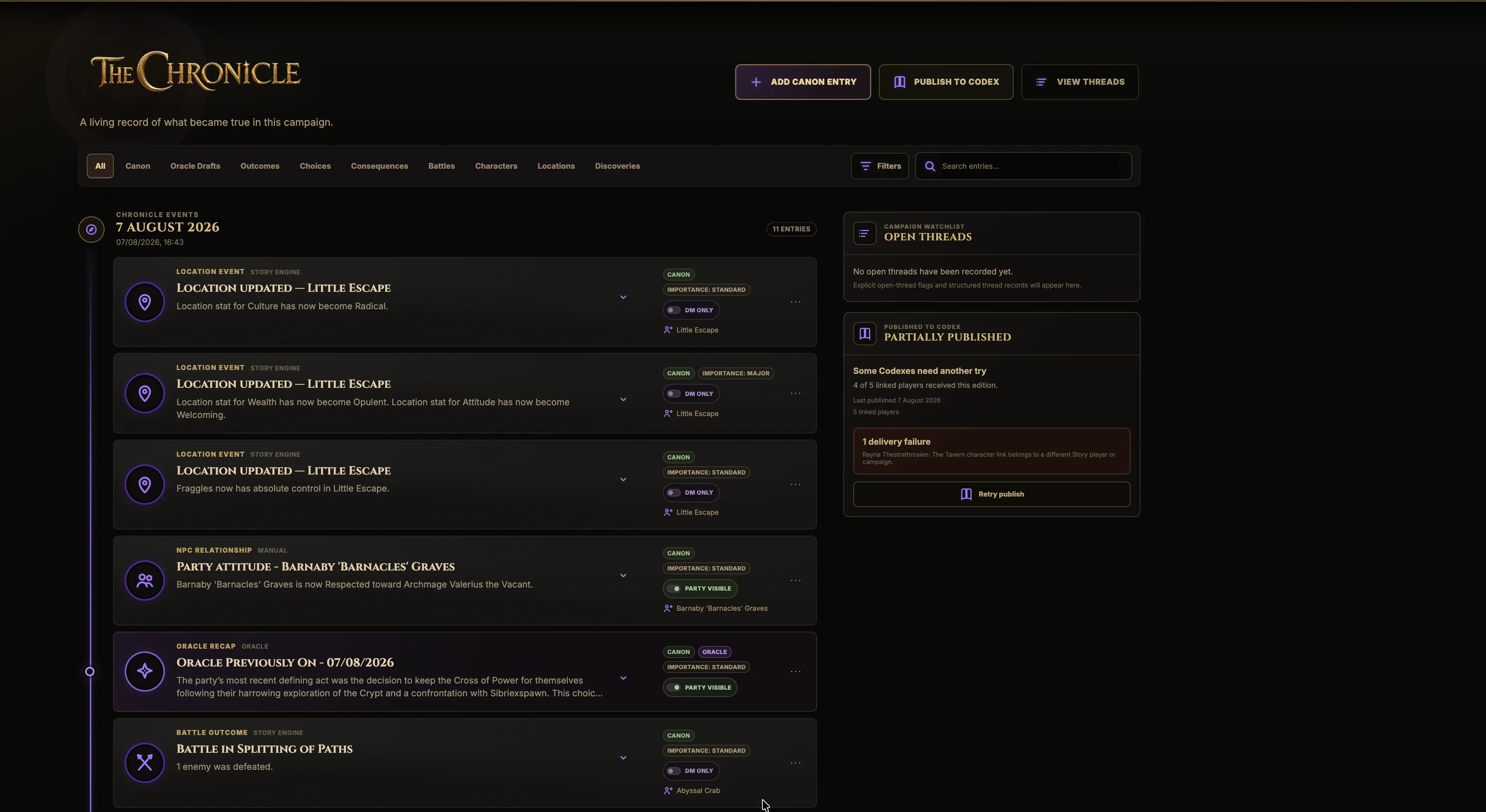 Chronicle campaign timeline with dated events, open threads and partially published entries.