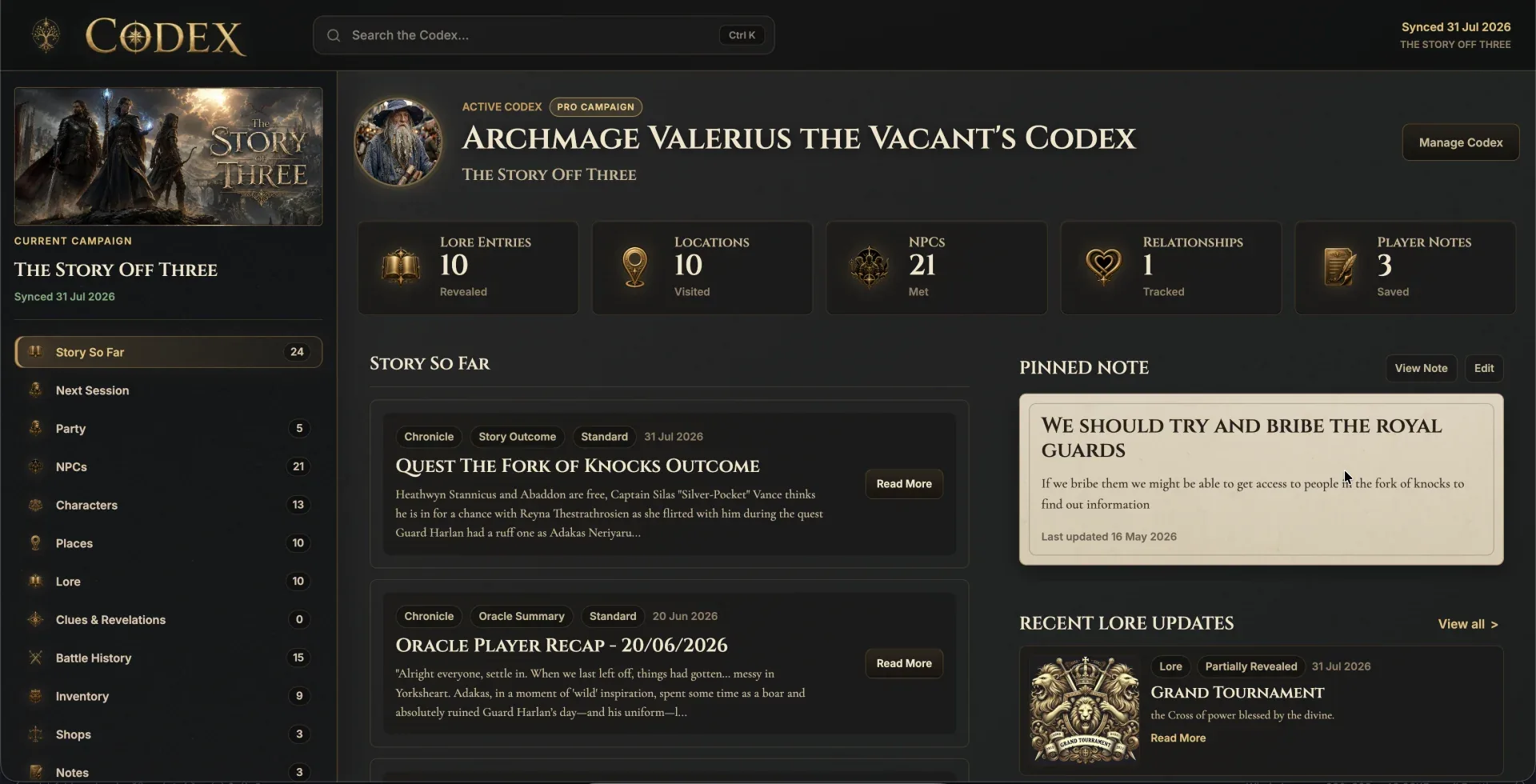 The Codex homepage showing a character's campaign overview.
