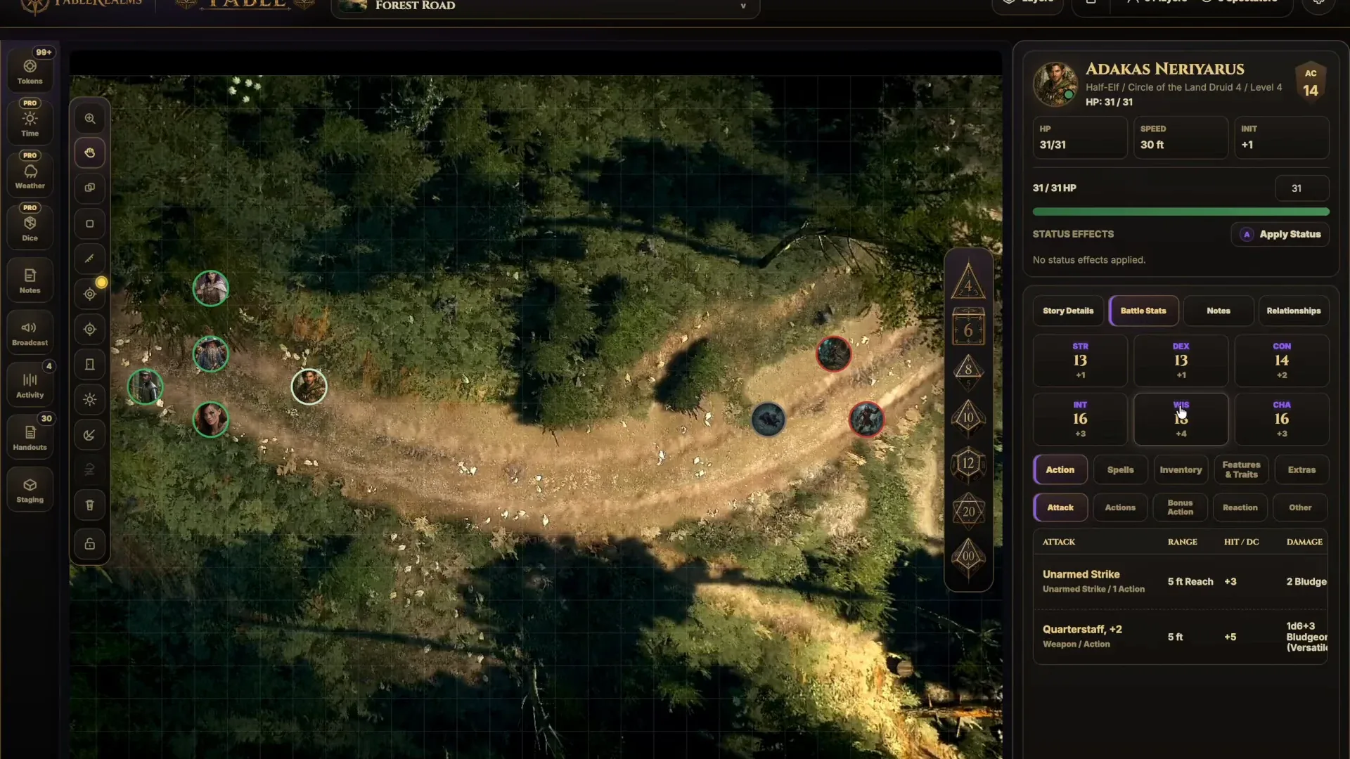 Table live play interface with map and character tokens.