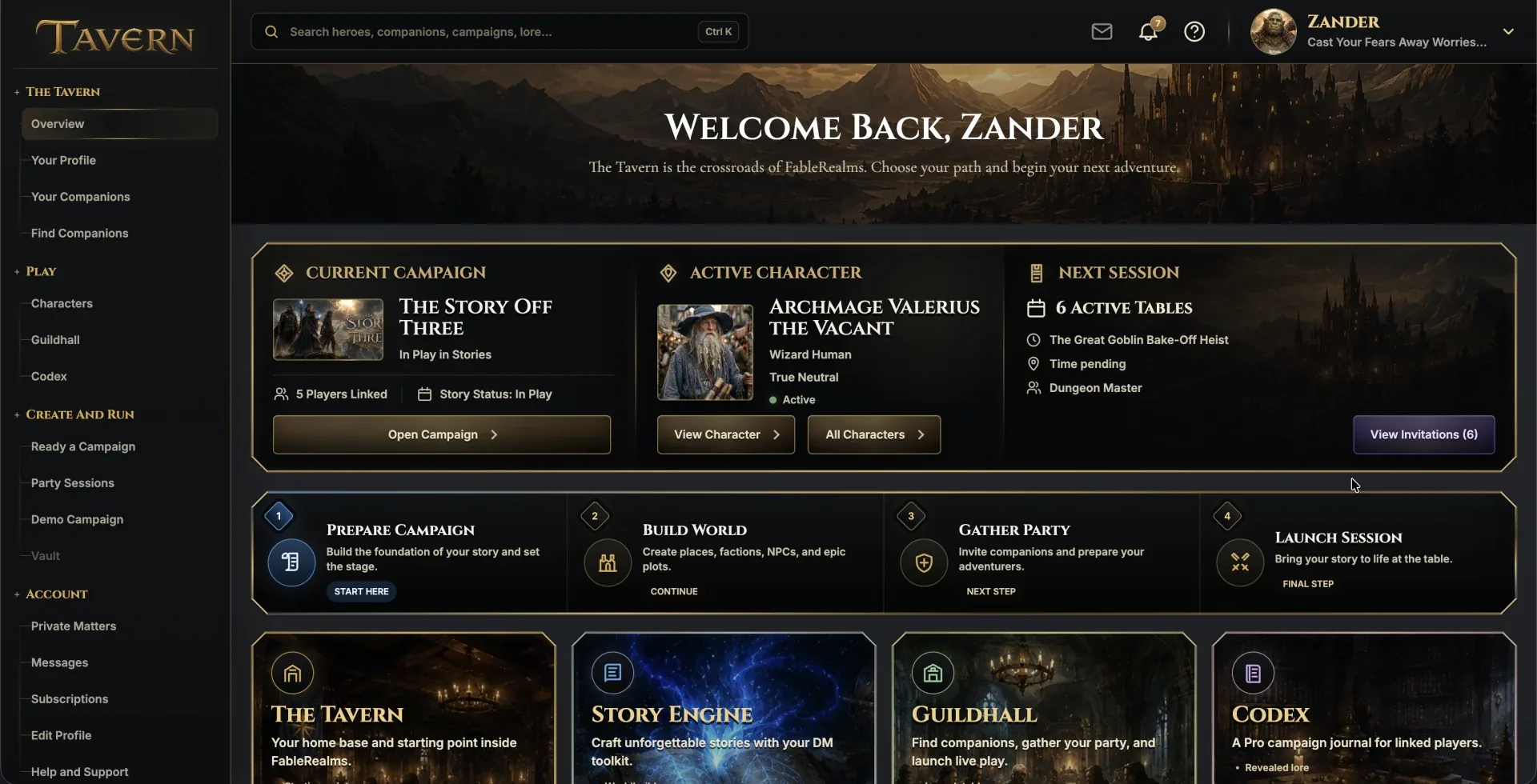 The Tavern player home showing campaigns, characters and the next session.