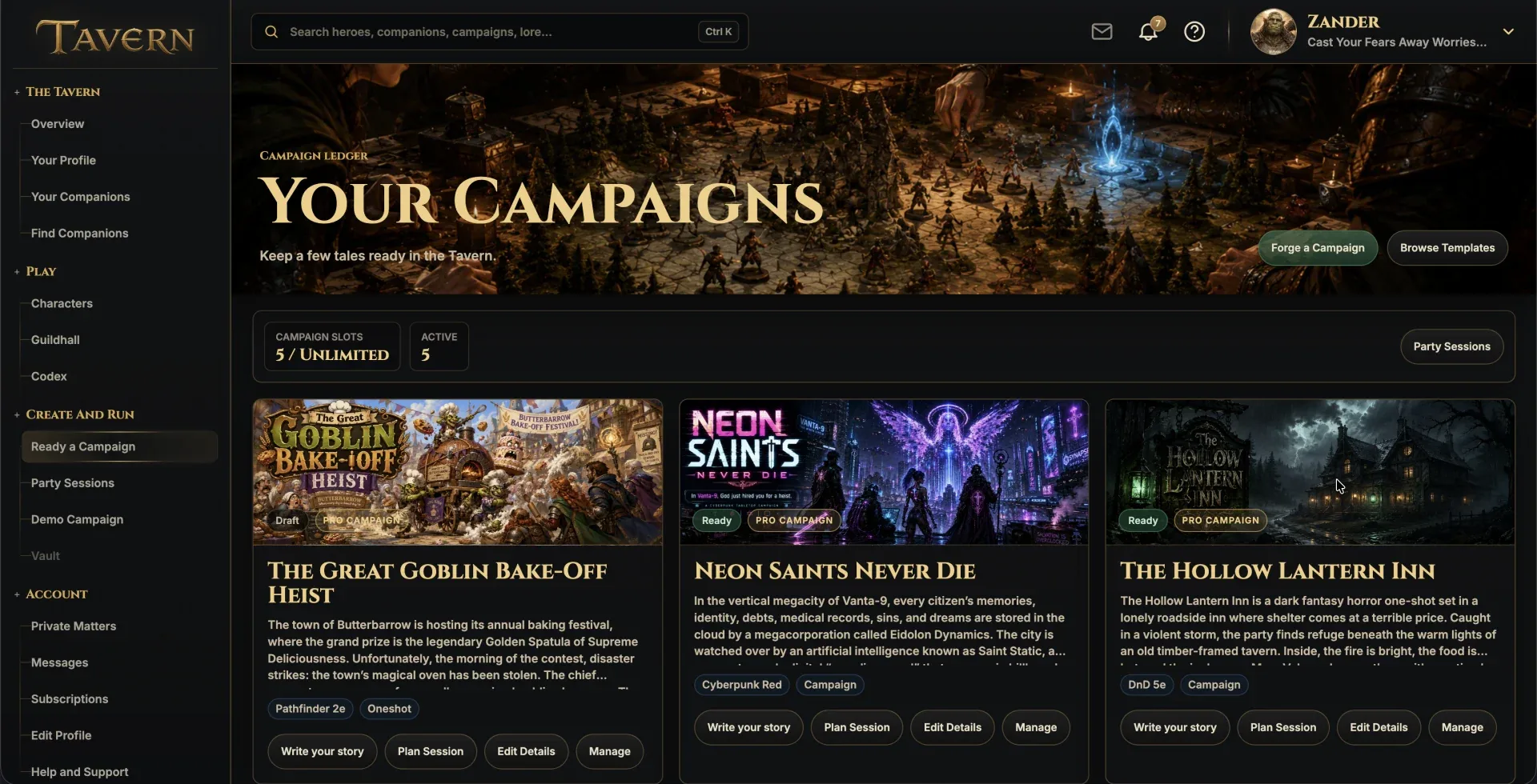 Tavern campaign library with active and completed campaigns