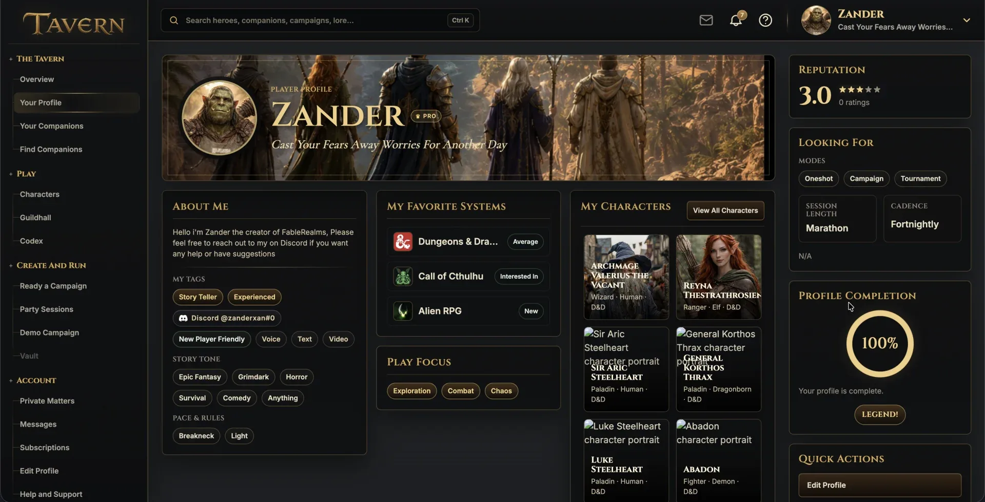 Tavern player profile with game experience and characters