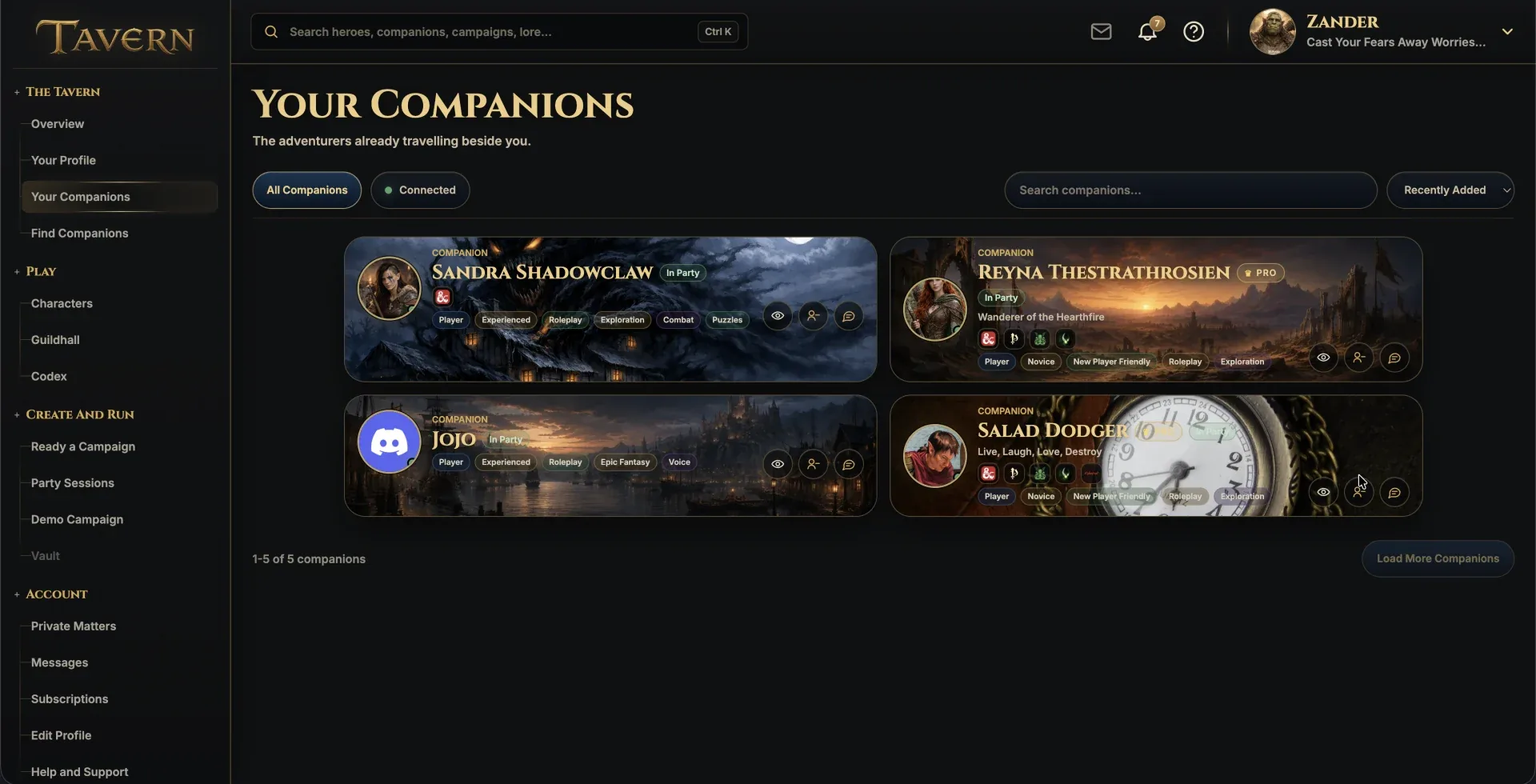 Tavern companions list for connected players