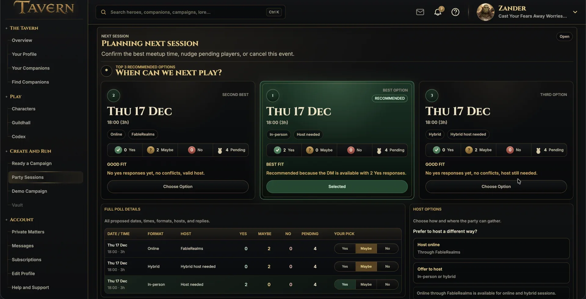 Tavern Scheduler showing shared session availability