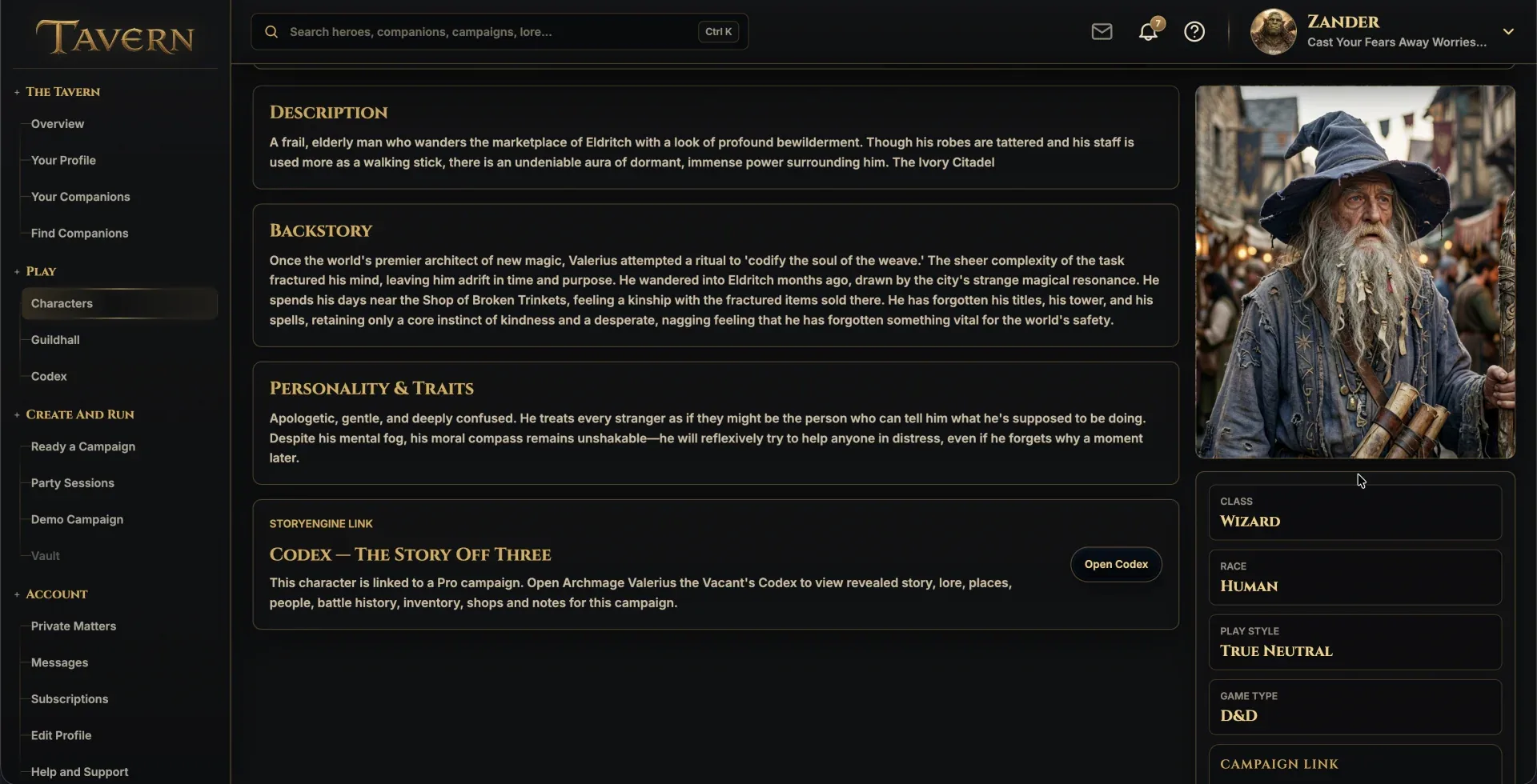 Tavern character profile with backstory and personality